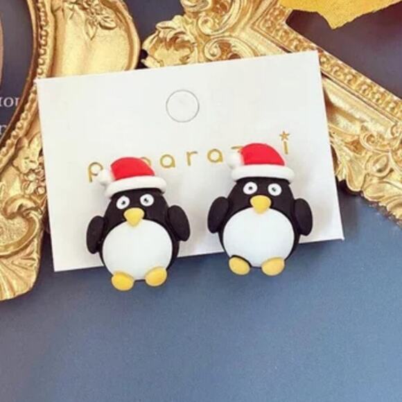 Christmas season festive holiday penguin Santa hat earrings black white and red - Picture 1 of 1